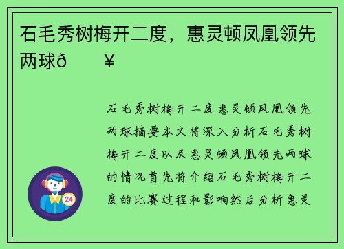 石毛秀树梅开二度,惠灵顿凤凰领先两球💥
